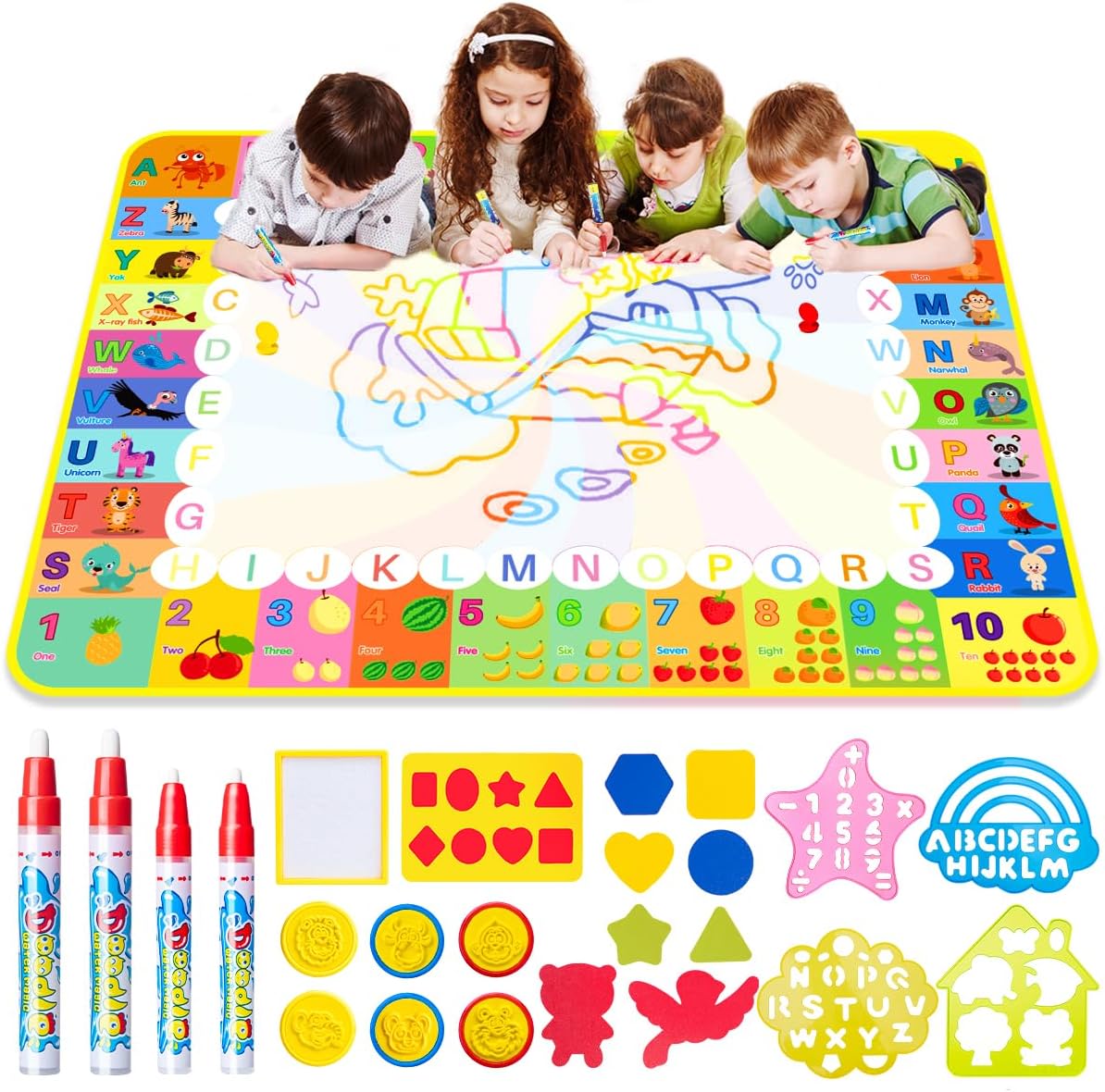 Water Doodle Mat - 120 x 90cm Large Aqua Magic Water Drawing Mat with Magic Pens, Stamps, Molds No Mess Coloring Painting Educational Christmas Birthday Gift for Toddlers Boys Girls Toys Aged 3 4 5