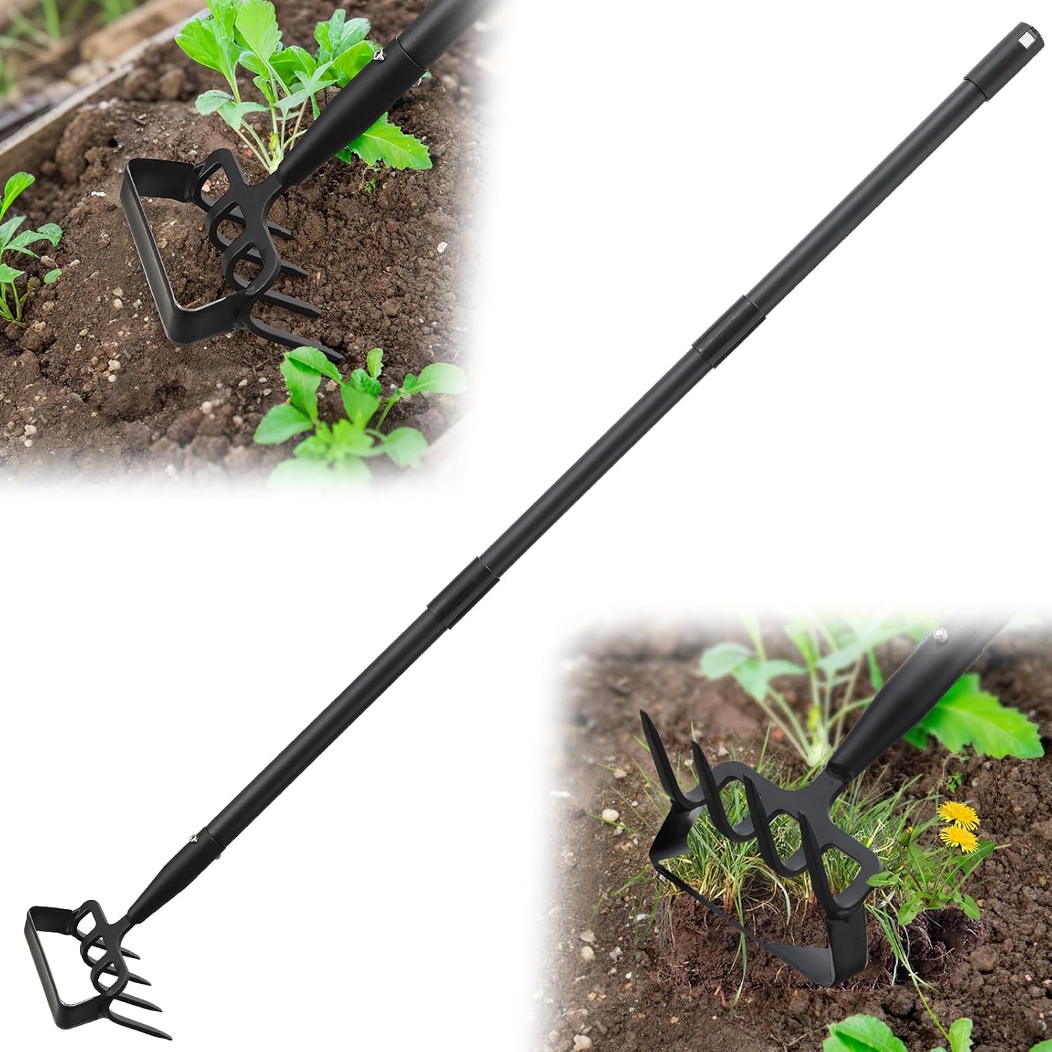 Weeding Hoe Garden Tool, 2 in 1 Stirrup Hoe and Cultivator with 62 inch Adjustable Long Handle, Heavy Duty Metal Garden Action Scuffle Hoes for Efficient Weeding Soil Aeration Small Weeder Tool