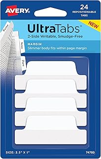 Avery Margin Ultra Tabs, 2.5" x 1", 2-Side Writable, White, 24 Repositionable Page Tabs (74789)