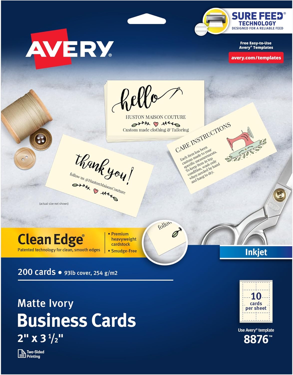 Avery Printable Business Cards, Inkjet Printers, 200 Cards, 2 x 3.5, Clean Edge, Heavyweight, Ivory (8876)