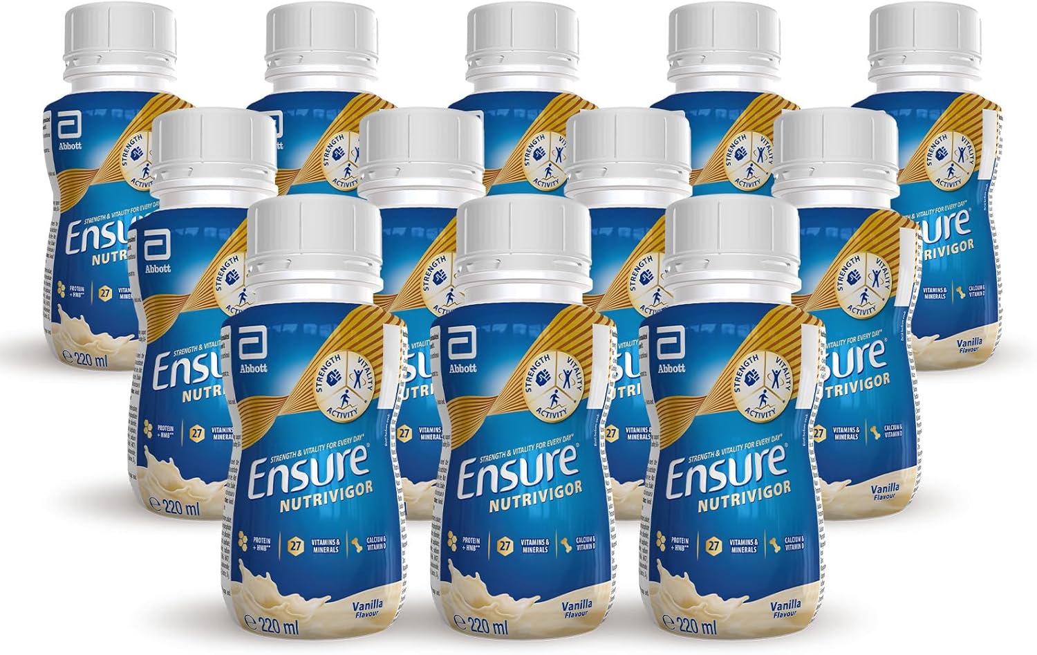 Ensure NutriVigor Nutritional Shake – Vanilla Flavour – 12 x 220ml – Boosts Energy – Ready-to-Drink – Food Supplement with Protein, HMB and27 Vitamins and Minerals