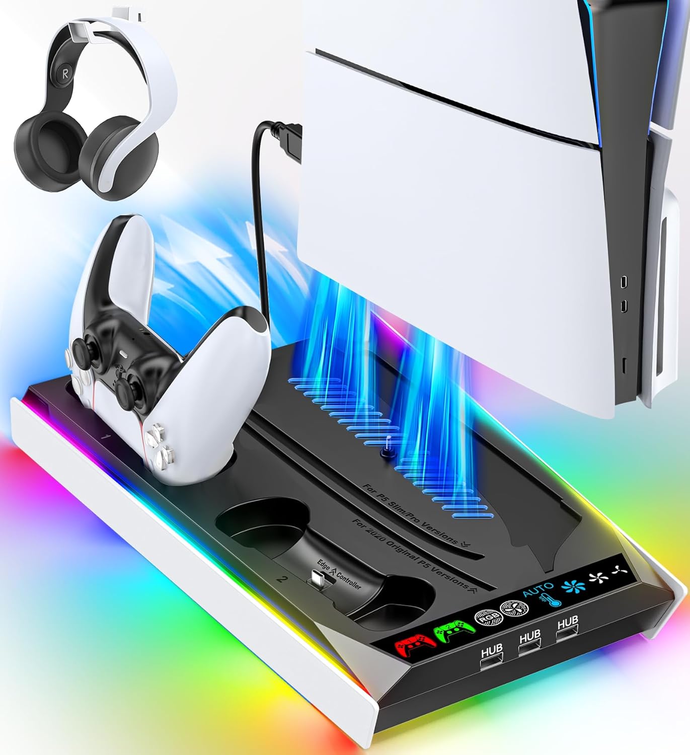 PS5/Slim/Pro Stand for Disc & Digital Console, PS5 Cooling & Charging Station with RGB Lights, PS5 Controller Charger Built-in 3 Level & AUTO Adjustable Fan, Accessories for PlayStation 5 Cases