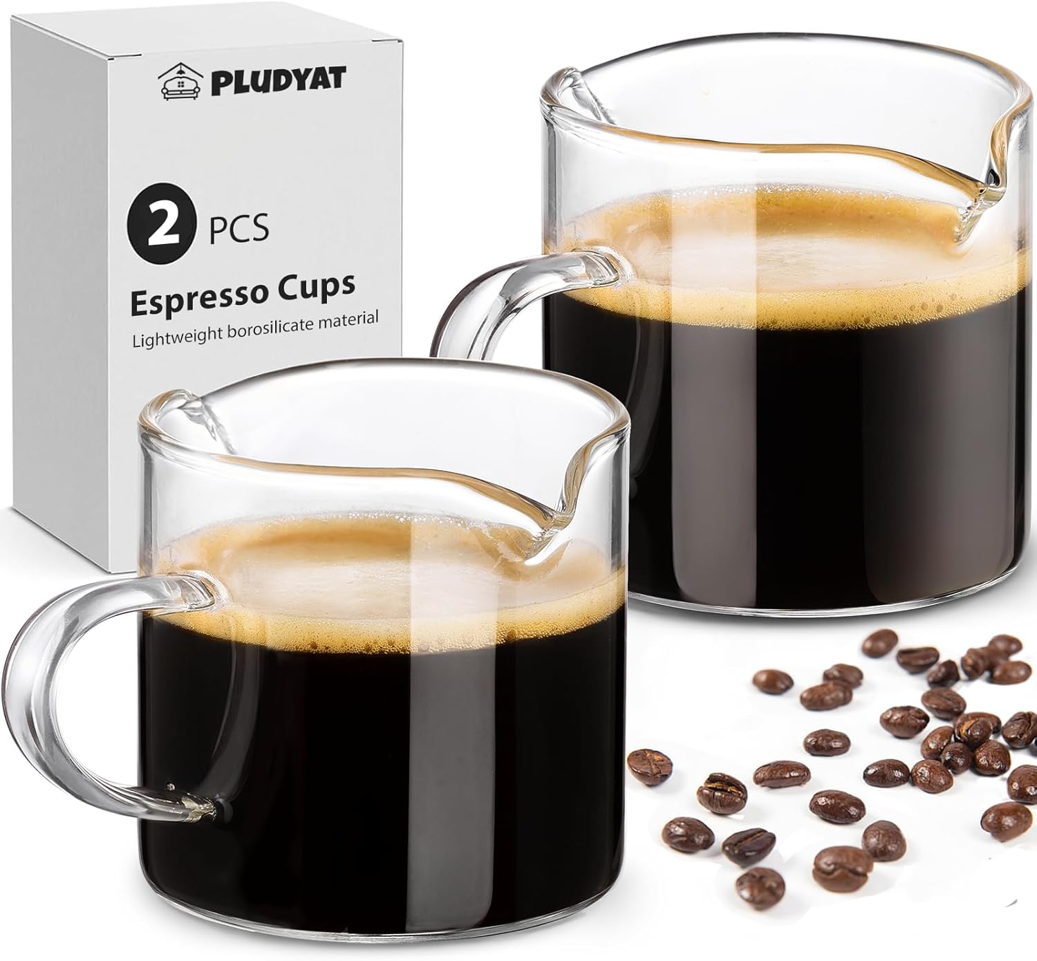 Espresso Cups Set of 2, 4 oz Double Spouts Cup, Espresso Shot Glasses with Handle, V-Shaped Spout Milk Cup, Borosilicate Glass, Mini Clear Glasses for Coffee Bar, Machine Accessories