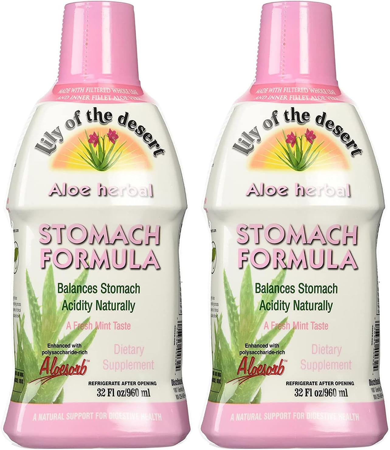 Lily Of The Desert Stomach Formula, Organic Aloe Vera Juice with Slippery Elm, Chamomile, Peppermint, and Ginger for Gut Health, Acid Reflux, Heartburn Relief, 32 Oz (Pack of 2)