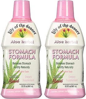 Lily Of The Desert Stomach Formula, Organic Aloe Vera Juice with Slippery Elm, Chamomile, Peppermint, and Ginger for Gut Health, Acid Reflux, Heartburn Relief, 32 Oz (Pack of 2)