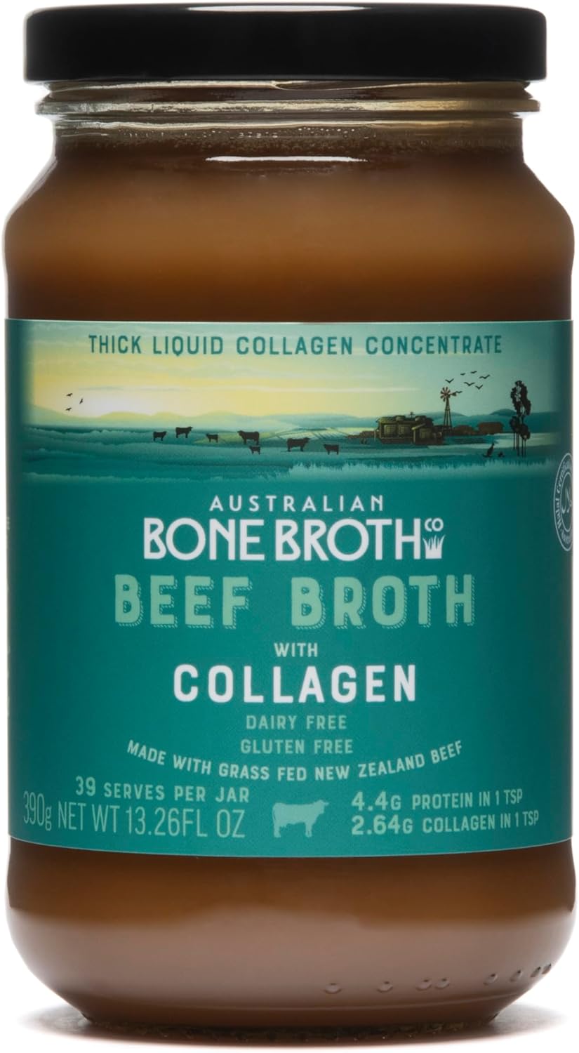 Beef Broth with Collagen Concentrate - Instant bone broth beverage boosted with grass-fed collagen. Halal Broth. Gluten Free, Preservative Free No spices or herbs. 375 gram Jar