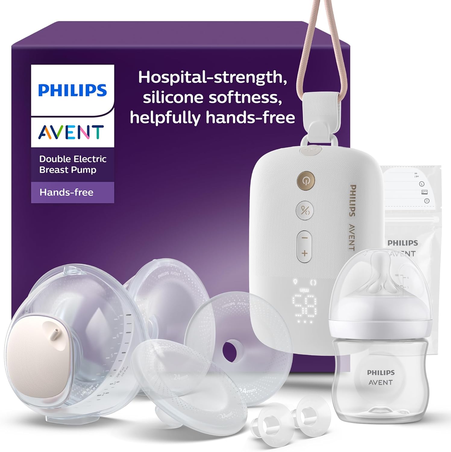 Philips Avent Hands-Free Double Electric Breast Pump, Hospital-Strength Motor, Mimics Baby's Drinking Rhythm, Pumps up to 85 Times per Minute, 2 Collection Cups, 4 Breast Shields, Model SCF547/11