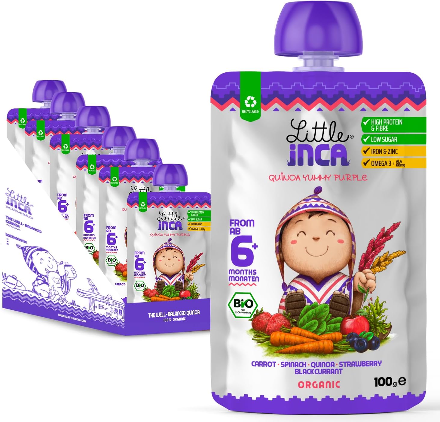 Little Inca Organic Baby Food Pouches The Yummy Purple (6x100g) | Quinoa-based Dairy-Free Baby Pouches | 6 Months+ | Recyclable Plant-Based Veg & Fruit Pouches | Supports Gut/Cognitive Health