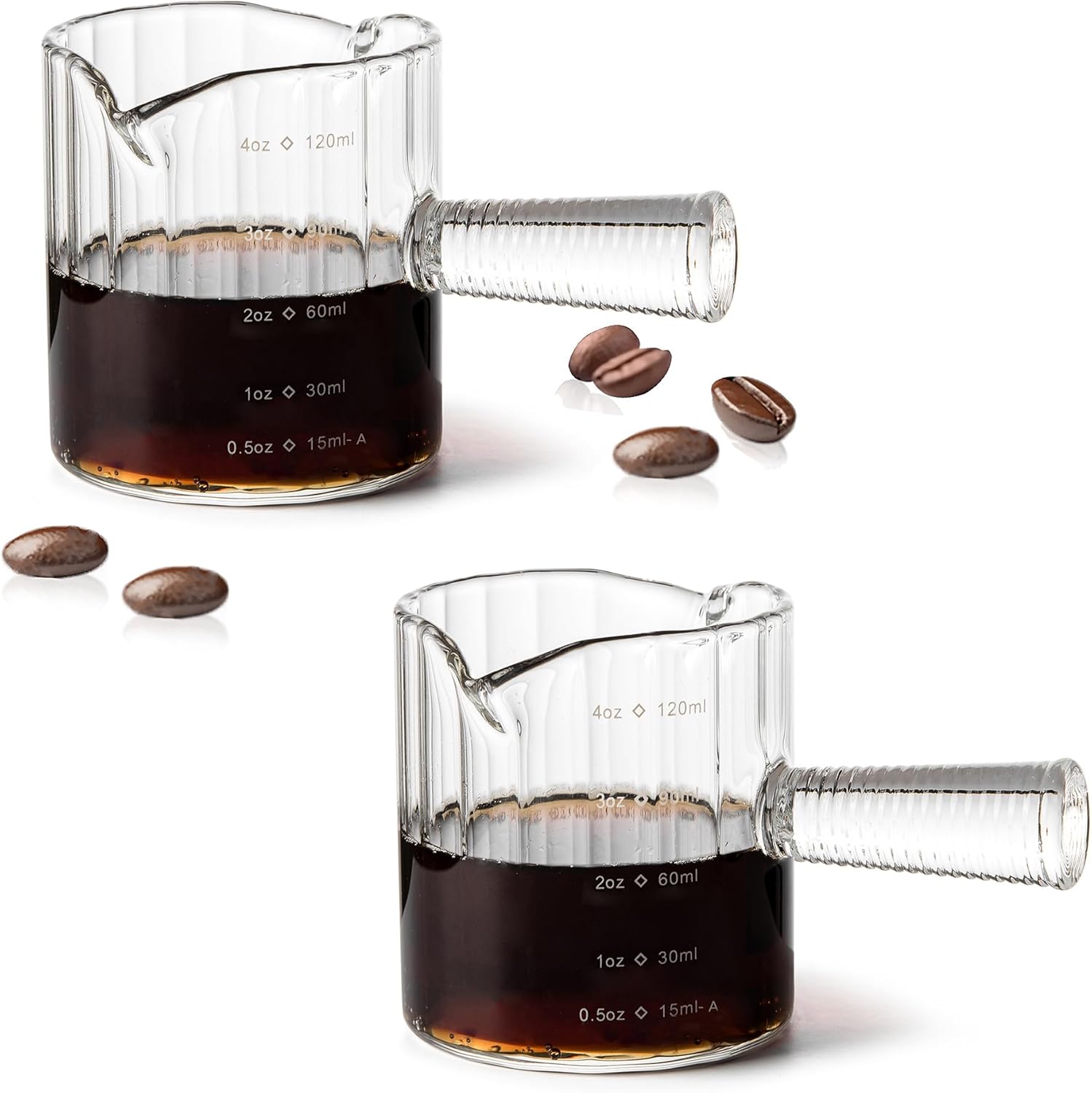 Espresso Cups Set of 2, 4 OZ Glass Double Spouts Shot Glasses Cups, Milk Cup with Glass Handle for Dishwasher Safe, Espresso Accessories