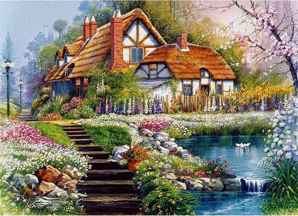 Meecaa Cross Stitch Kits 11 Count Stamped, Landscape Lake Duck House Villa Embroidery Kit with Accessories Pre Printed (36CMx46CM) (Landscape 2)