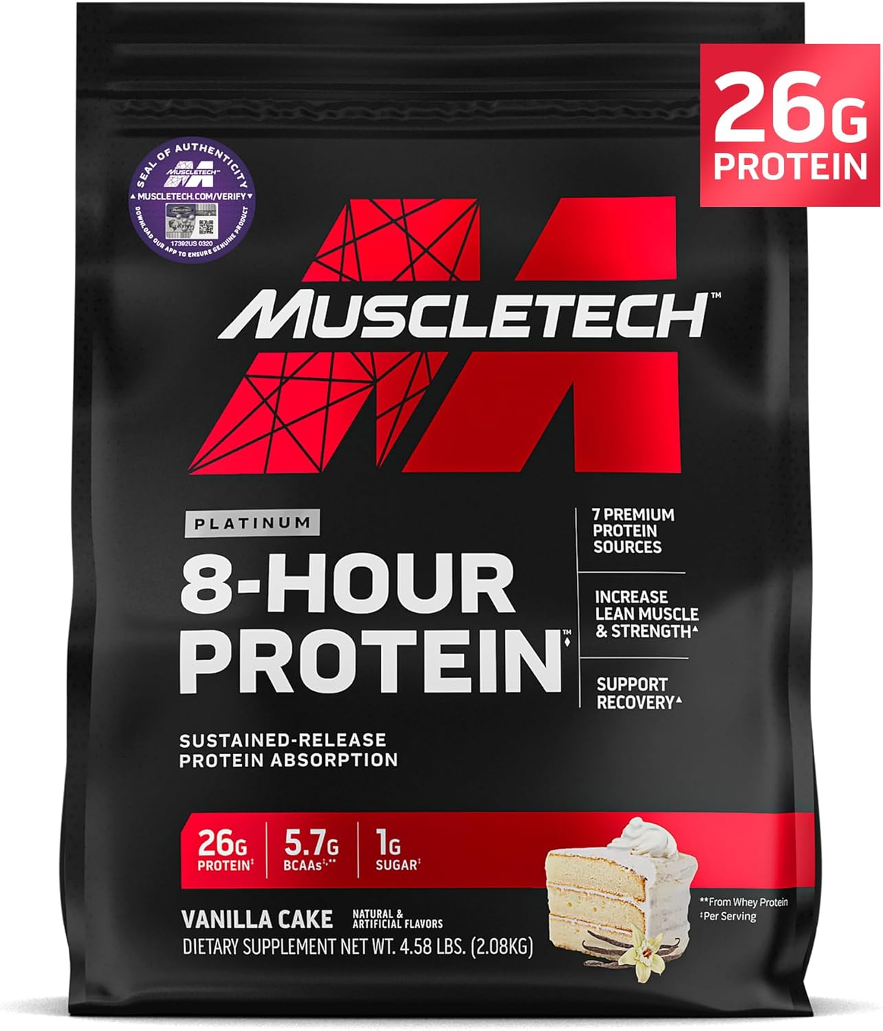 MuscleTech Platinum 8-Hour Protein Powder - 7 Premium Protein Sources with Whey & Casein Protein for Increased Lean Muscle, Strength & Improved Recovery - Vanilla Cake, 50 Servings