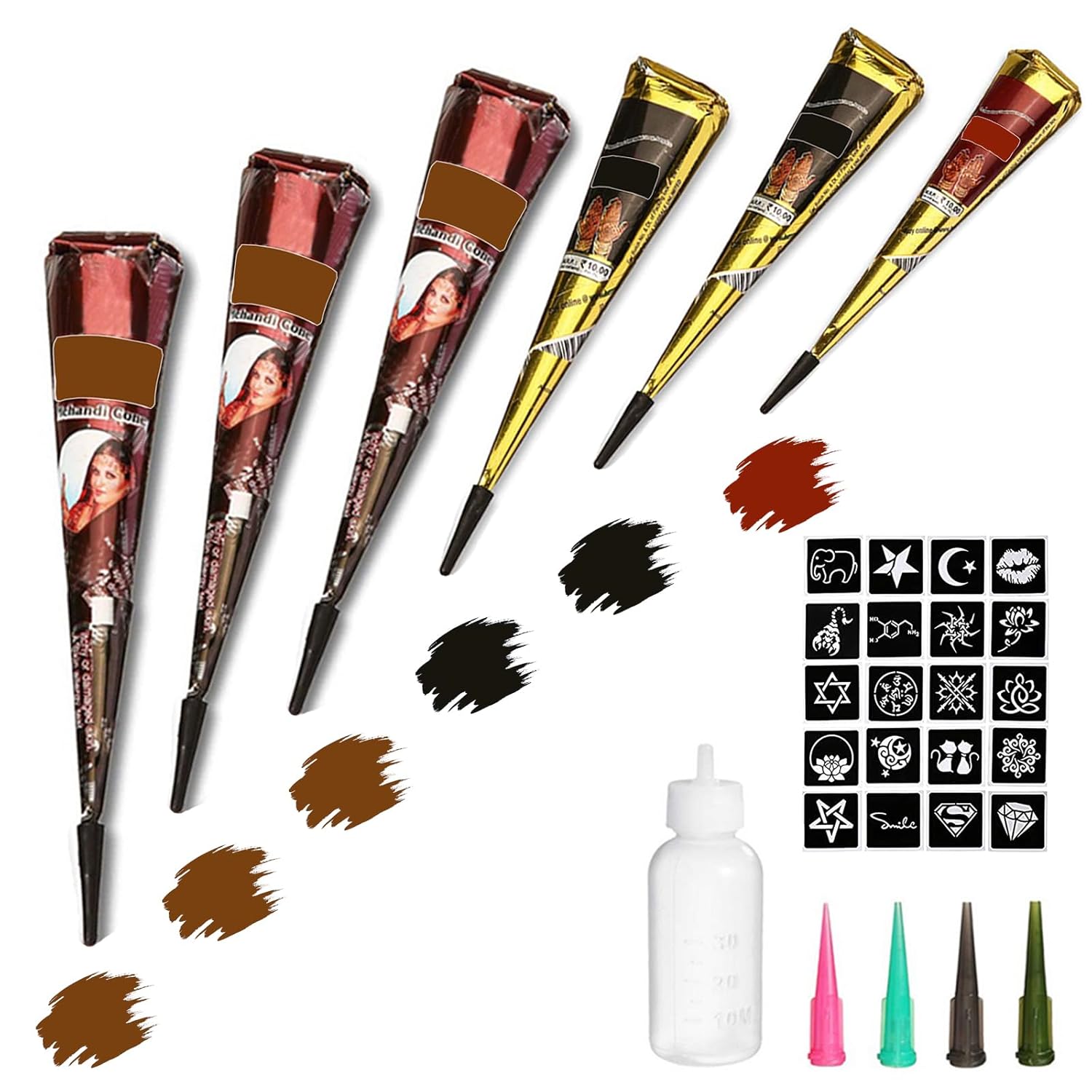 Tattoo Paste Cones, 6Pcs Semi Permanent Temporary Tattoos Kit, India Body DIY Art Painting for Women Men Teen, Summer Trend Freehand Paste with 3 Colors, 20 Adhesive Stencil, 1 Bottle, 4 Nozzles