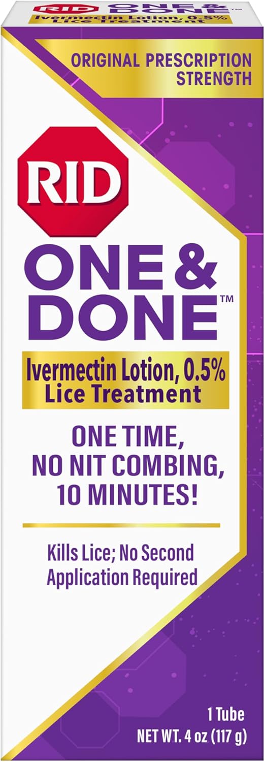 RID One & Done, Just One Application Head Lice Treatment, No Combing Required, Prescription Strength Ivermectin Lotion for Children & Adults, Eliminates Super Lice & Renders Eggs Non Viable