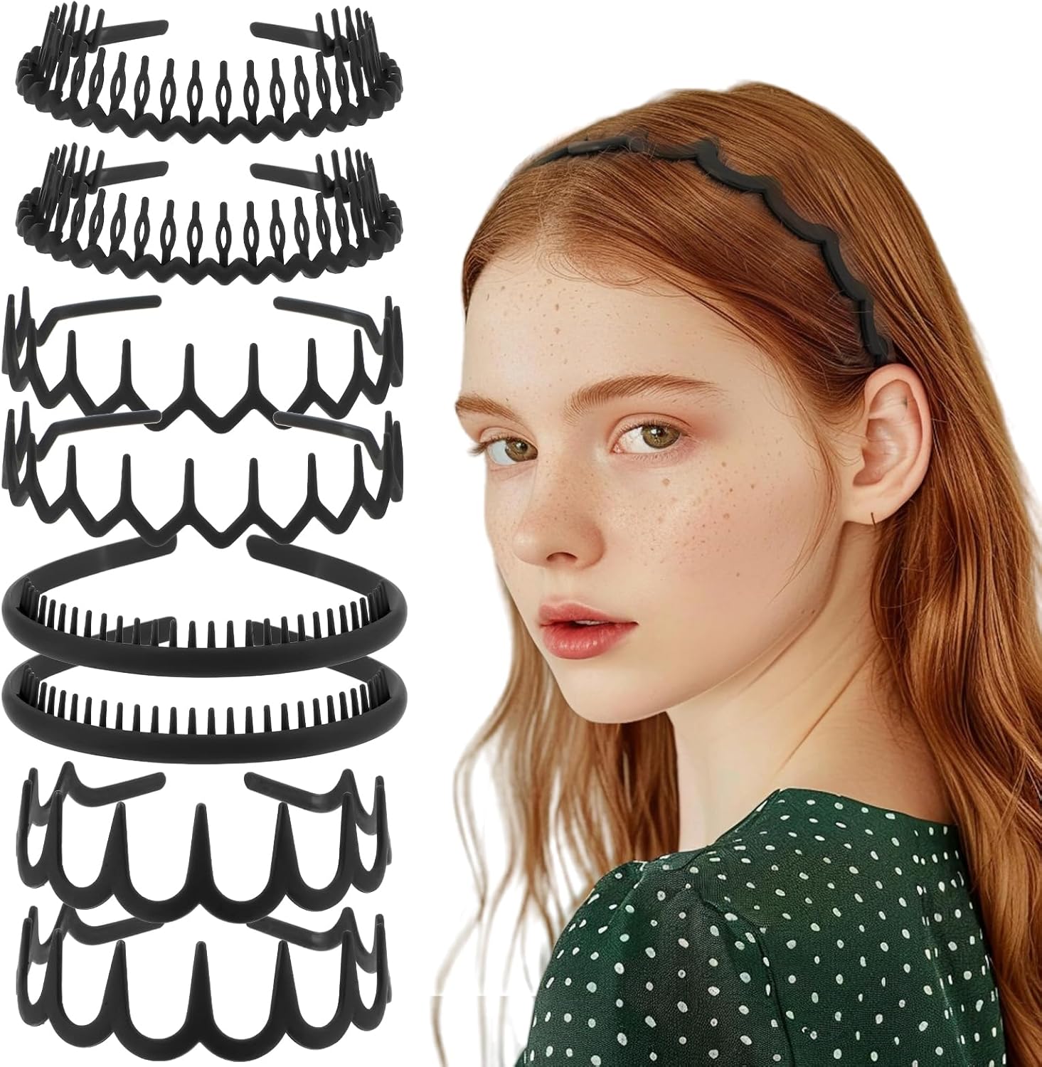 Qianyu 8 PCS Non Slip Plastic Headbands with Teeth Comb Black Skinny Hair Band Wavy Teeth Hairhoop Comfy Zig Zag Headbands Effortless Hairband Hair Accessories for Women Men Teen Girls