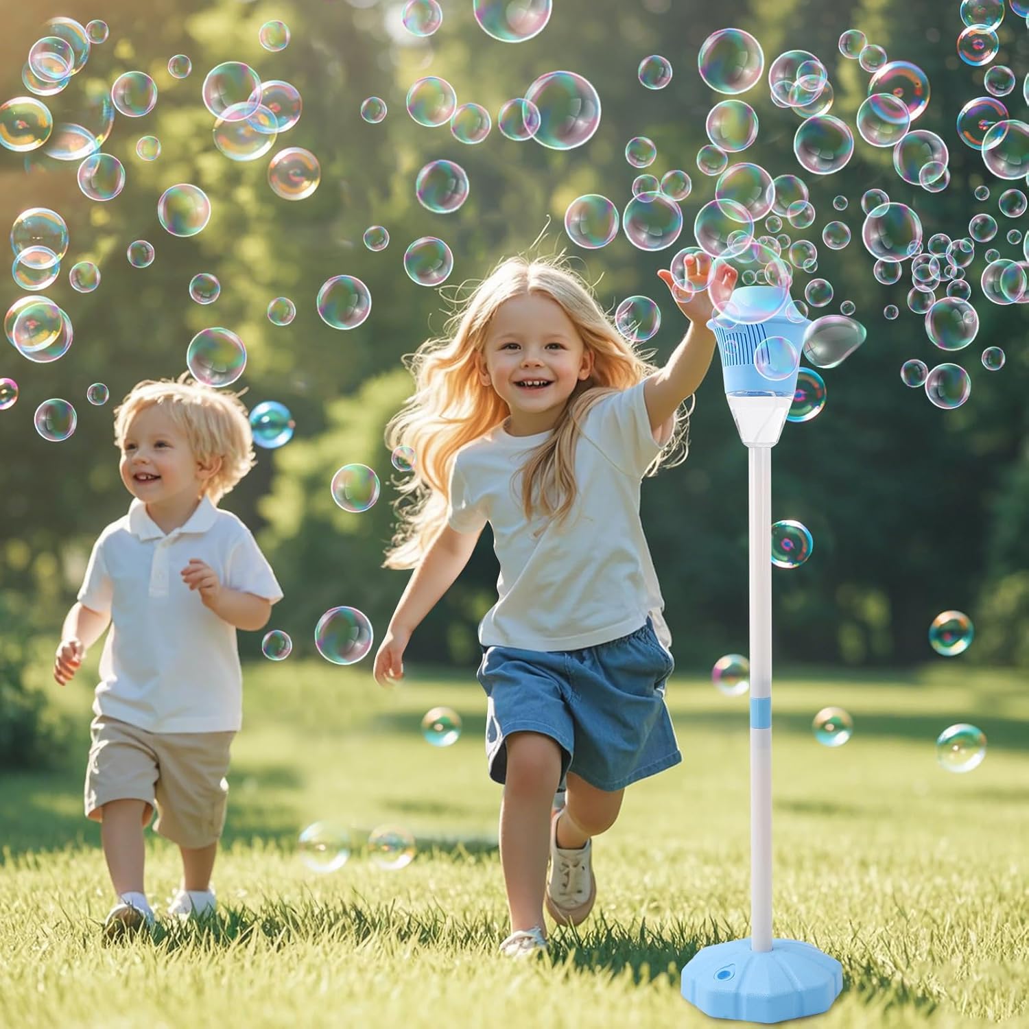 AIERSA Rechargeable Bubble Stand Machine,Height 47 Inches Stand Up Automatic Bubble Machine for Kids,Outdoor Tall Bubble Maker with Lights,Standing Bubble Machine for Parties