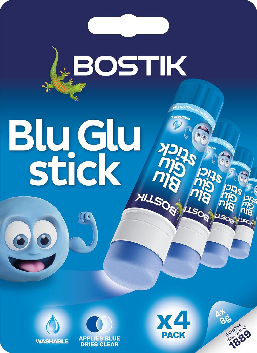 Bostik Blu Stick Glue Sticks, Goes on Blue, Dries Clear, Solvent Free, Washable, 4 x 8g sticks