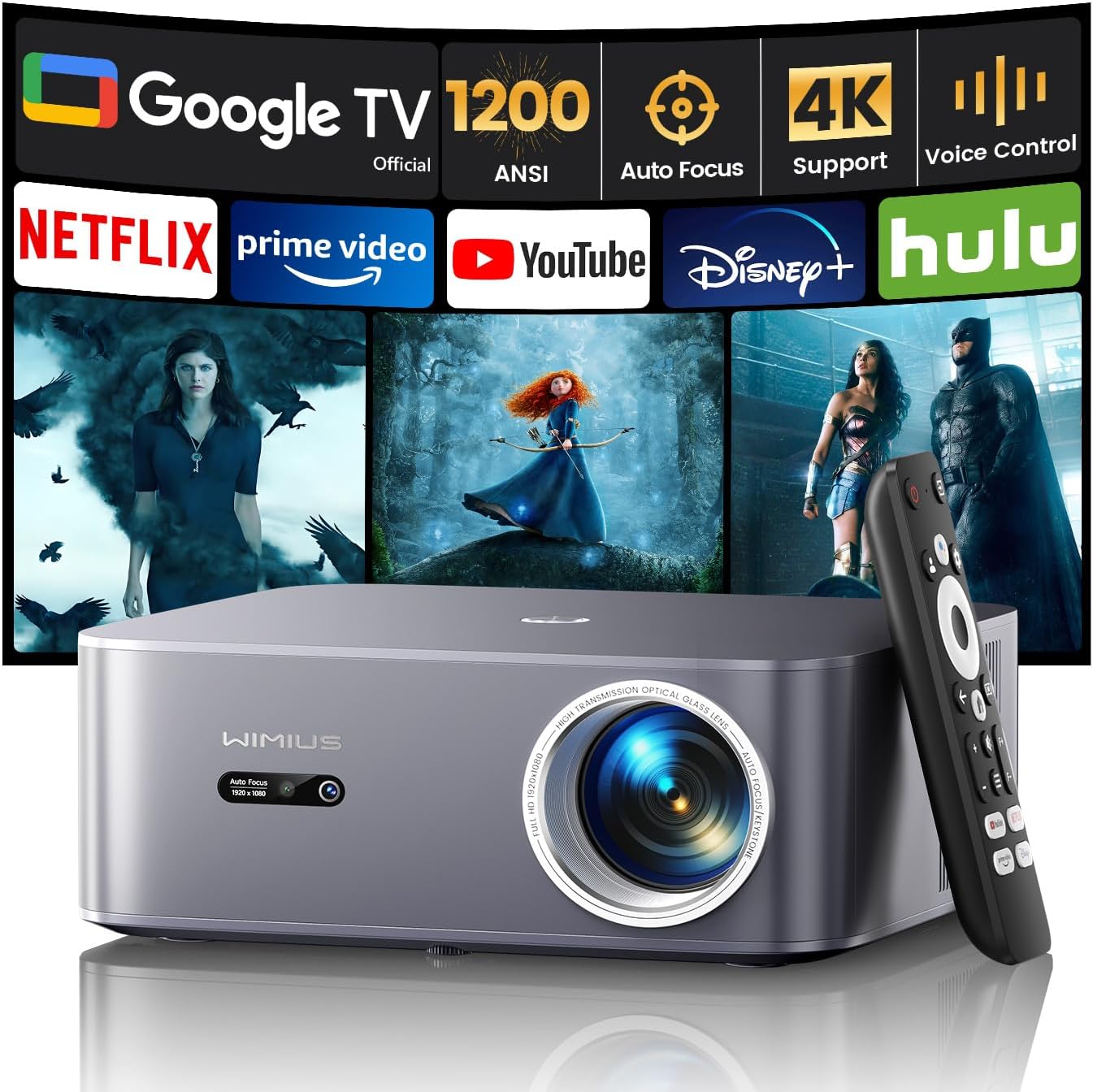 【1200 ANSI/Google TV/Netflix Disney+ Licensed】 4k Projector for Bedroom Full HD 1080P 4K Support, Google Voice Control, Auto Focus/Keystone, WiFi 6&Bluetooth Smart Portable Projector for Outdoor/Home