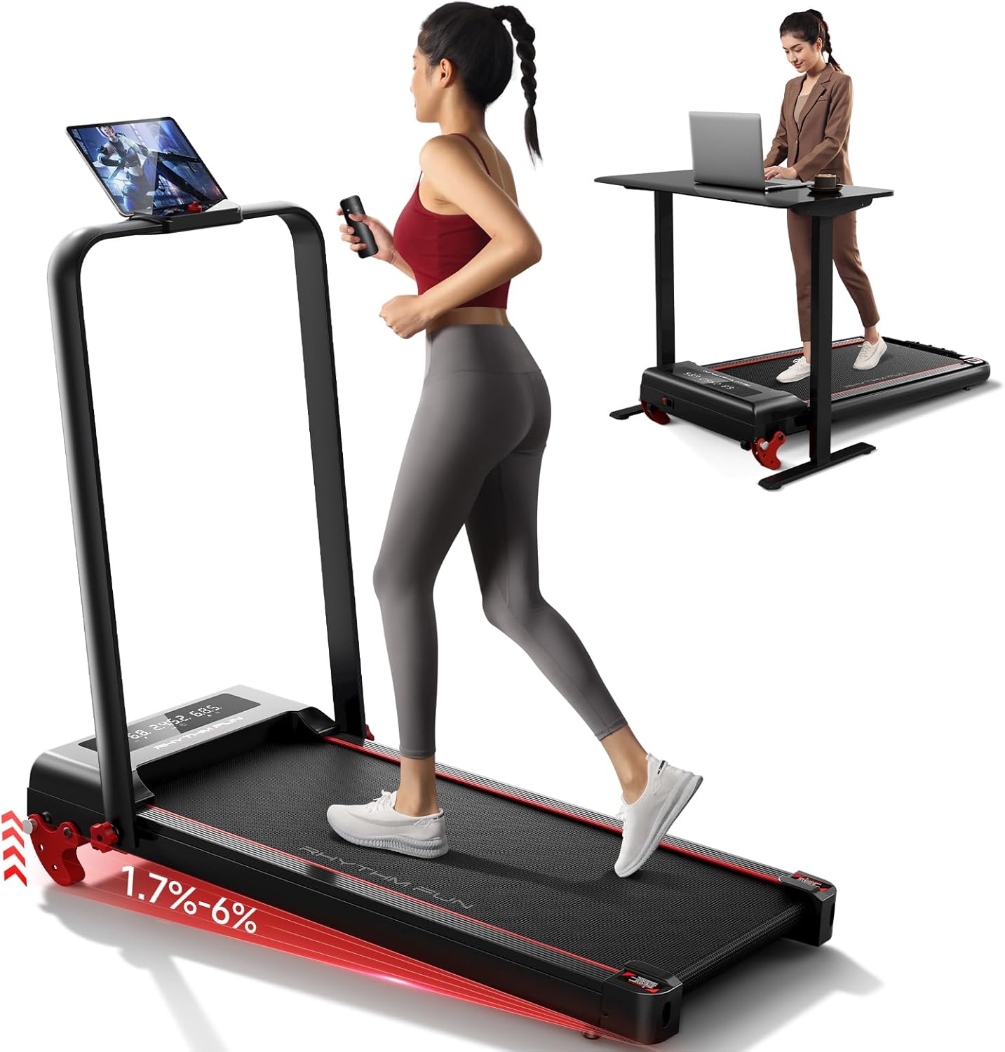 RHYTHM FUN Treadmill with Incline, Walking Pad Treadmill with Handle Bar, Walking Pad with Incline 300lbs Foldable Treadmills with APP, Portable Folding Treadmills for Home/Office with Low Noise