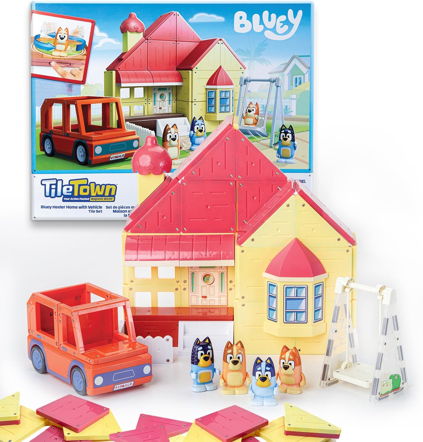 Tile Town Bluey Heeler Home and 4WD Vehicle Magnetic Tiles Construction Building Playset + Family Figures, Kids 3-5+, New ACTION TILES for Action Play, Realistic Builds, STEM Creative Toy