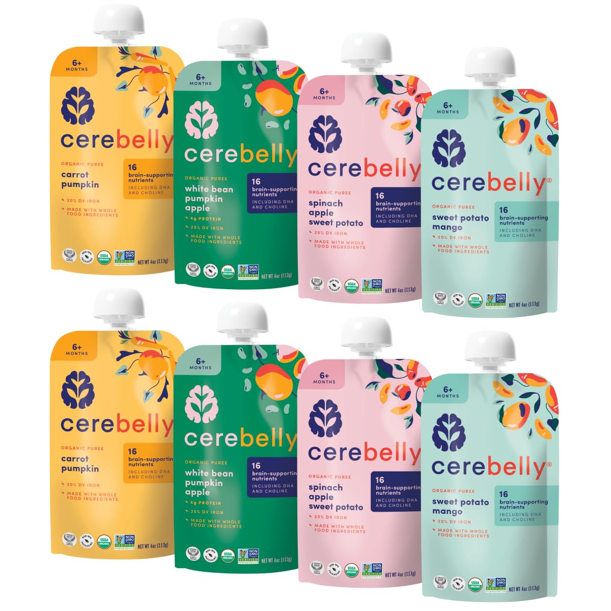 Cerebelly Organic Baby Food Pouches Variety Pack – Organic Veggie Purees for Toddlers | No Added Sugar, Fiber, Non-GMO | Blended Toddler Pouches | 4 Ounce BPA-Free Pouch | 4 Flavors | 8 Count