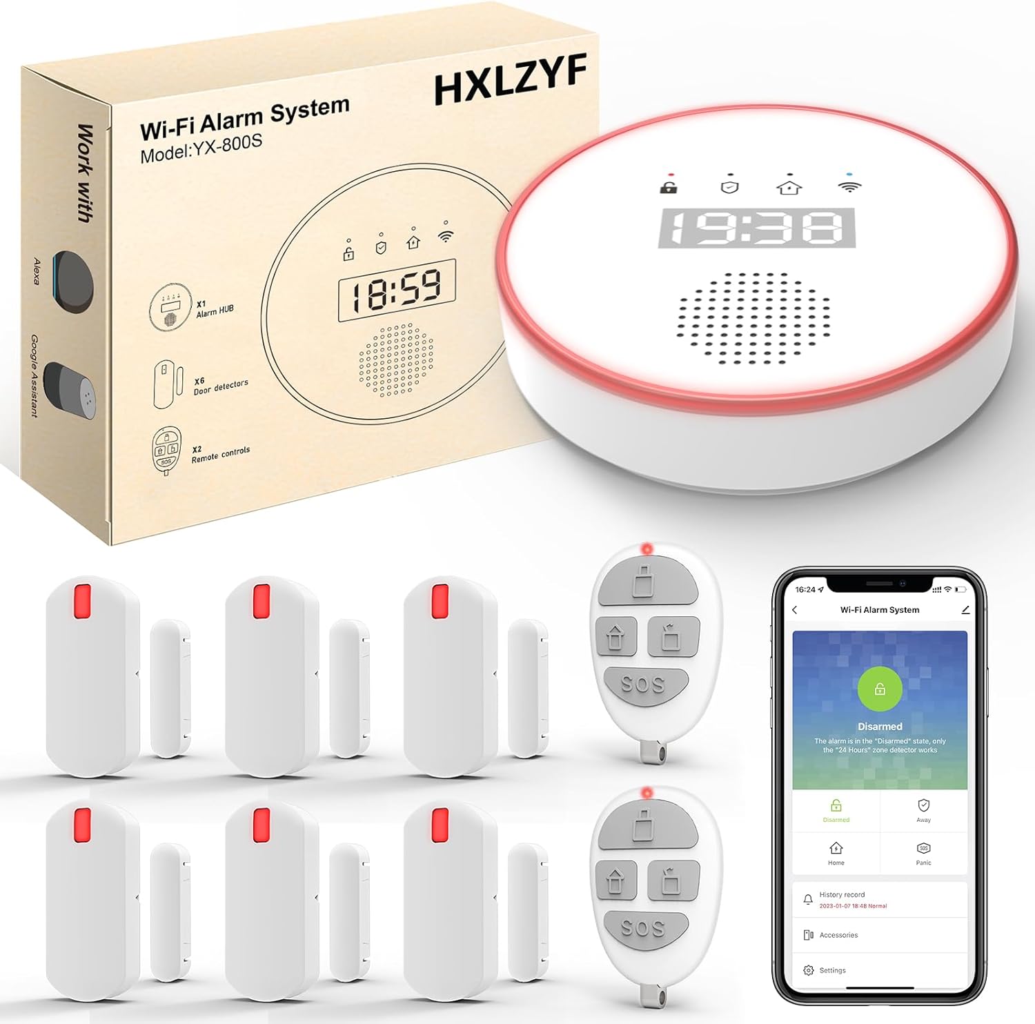 HXLZYF Home Alarm Systems, 5G/2.4G Home Security Systems, Door Alarms for Your Home with Hub Siren, 6 Door/Window Sensors, 2 Remotes, via APP, for Office, Garages, compatible with Alexa, Google