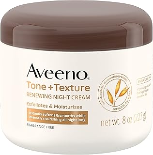 Aveeno Tone + Texture Renewing Body Night Cream With Prebiotic Oat, Gently Exfoliates & Moisturizes Sensitive Skin, Instantly Softens & Smooths & Intensely Nourishes, Fragrance-Free, 8 oz