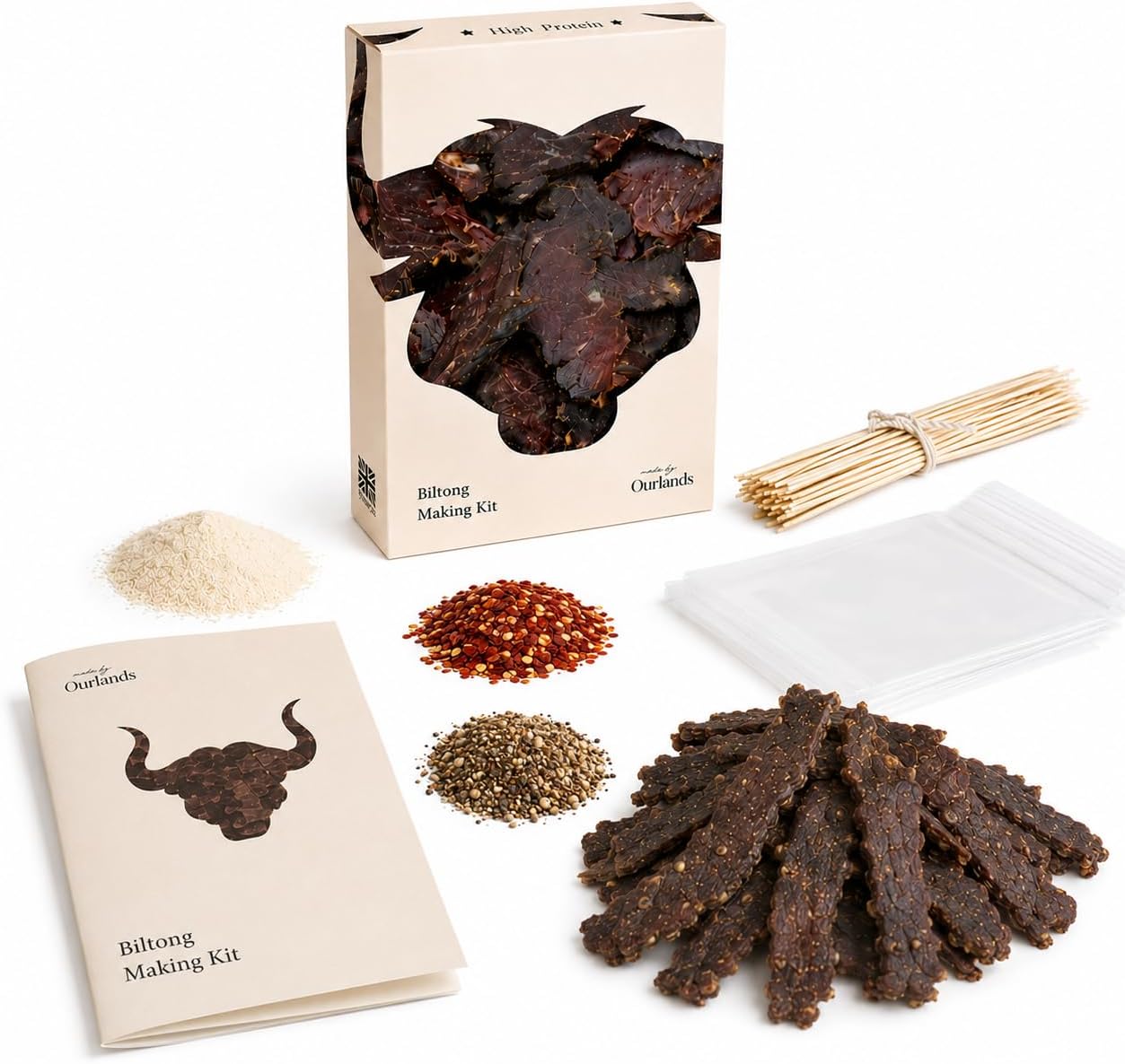 Biltong Making Kit by OurHands - Make Your Own Biltong with Seasoning, Spices, and Step-By-Step Instructions - Makes 3 Different Recipes