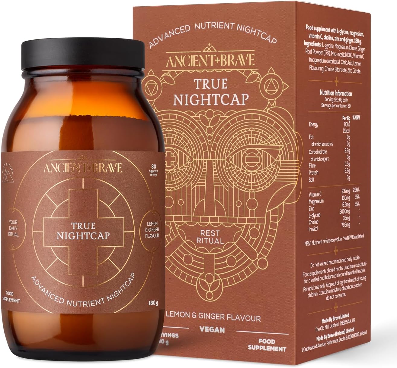 Ancient + Brave True Nightcap 180g - Sleep Supplement for Adults with Magnesium, Zinc, Vitamin C, Amino Acids - Natural Sleep Aid Powder - Recover Sleep, Anxiety Support, Lemon Ginger Flavor, Vegan