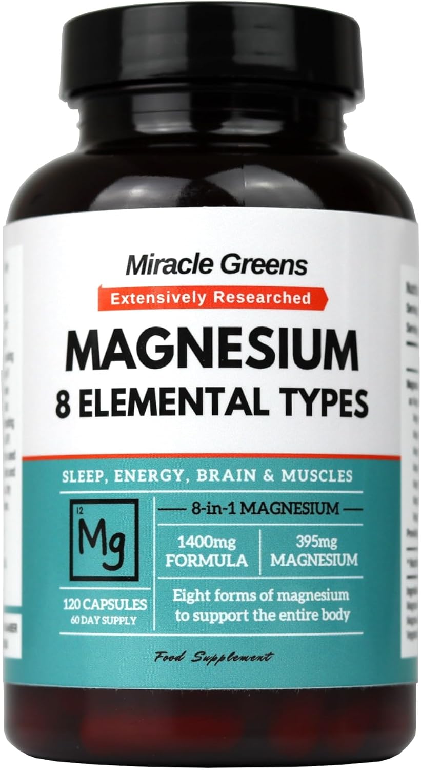8 in 1 Magnesium Complex – Bisglycinate, Malate, Taurate, Gluconate, Lactate, Carbonate, Aspartate, and Oxide – 1400mg Formula Providing 395mg of Elemental Magnesium – 120 Capsules - Made in The UK