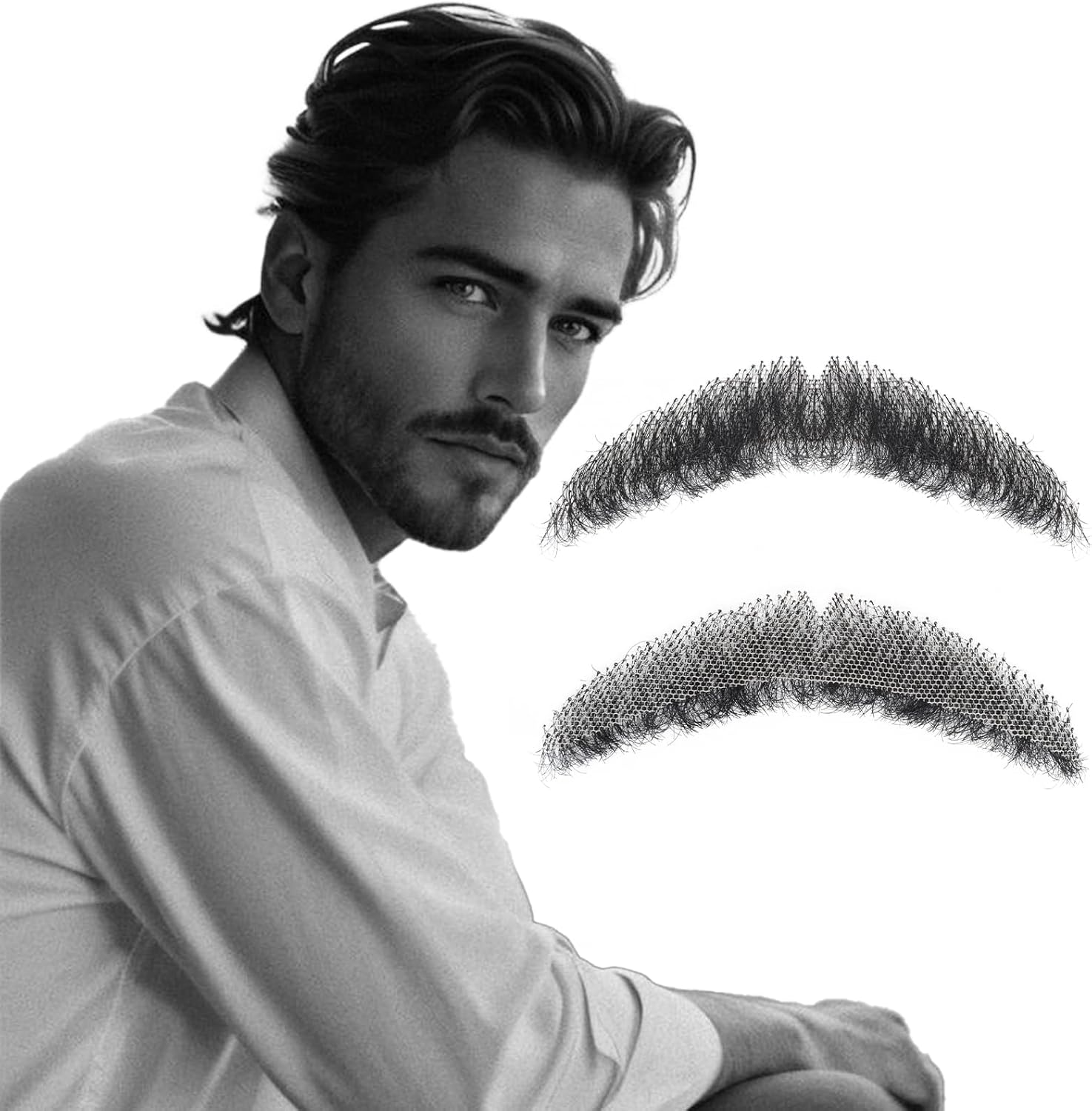 Realistic Mustache Human Hair, Handmade Fake Beards with Invisible Soft Lace, Natural Looking Costume Facial Hair