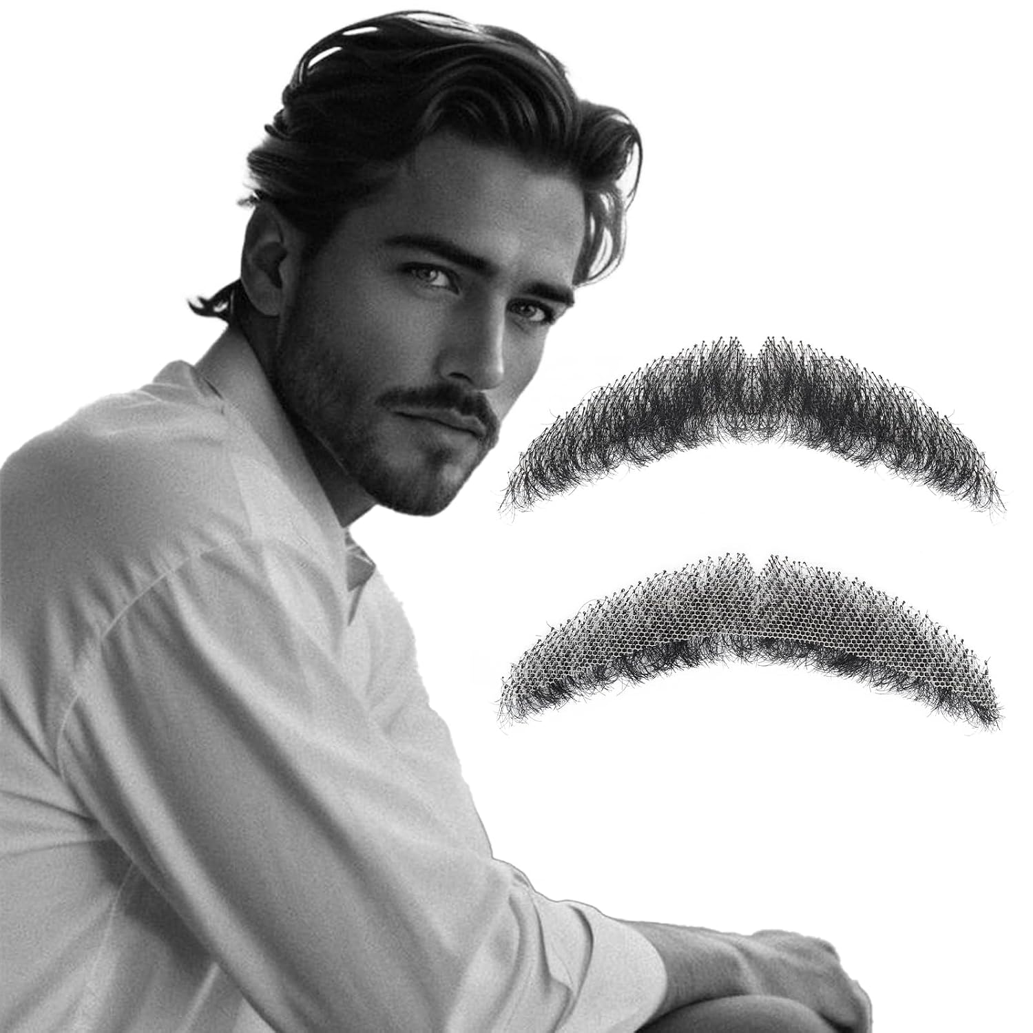 Realistic Mustache Human Hair, Handmade Fake Beards with Invisible Soft Lace, Natural Looking Costume Facial Hair (M04 Black)