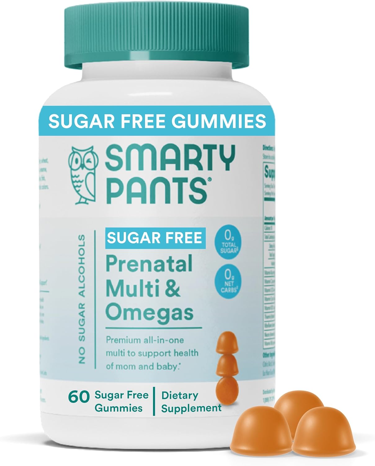 SmartyPants Prenatal Vitamins for Women, Sugar Free Multivitamin Gummies: Methylfolate, Omega 3 (ALA) Vitamin D3, C, Vitamin B12, B6, A, K & Zinc, Inositol, Erythritol Free, 60 Count (20 Day Supply)
