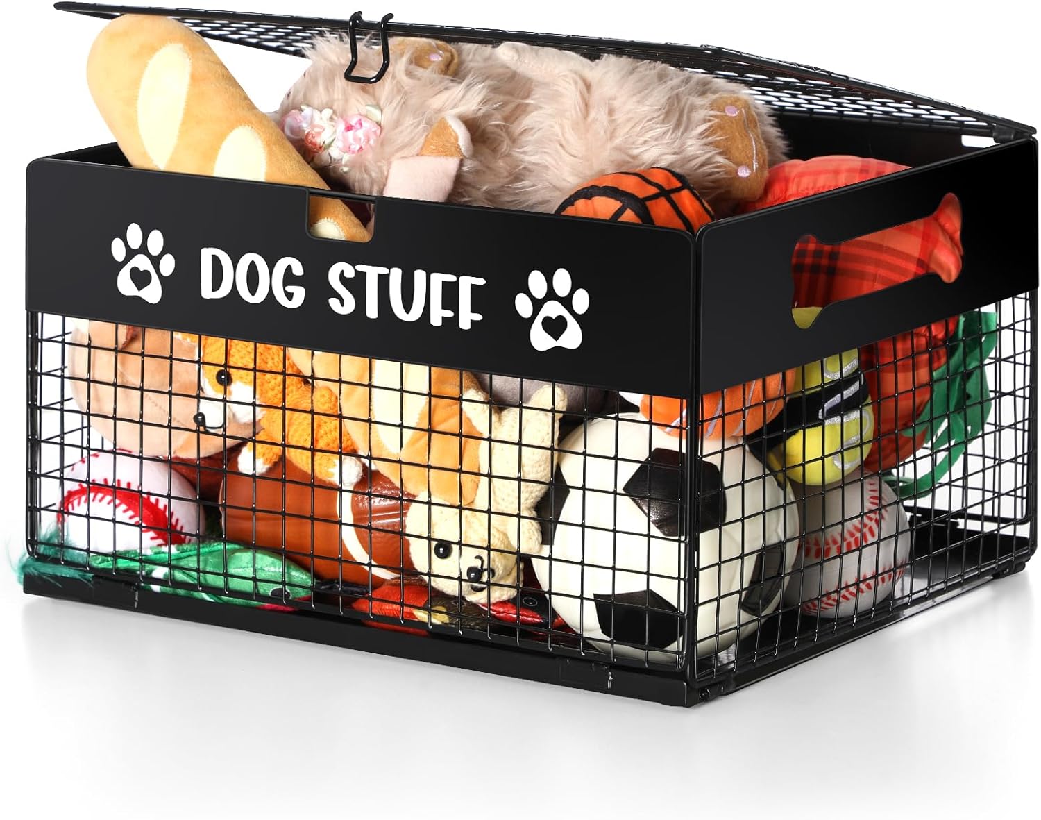 Qmetalart Dog Toy Box, Metal Dog Toy Storage Box with Lid, Chew-Resistant Dog Toy Basket, Durable Toys Bin for Small Dogs and Pet, Puppy Toy Holder Boxes for Living Room