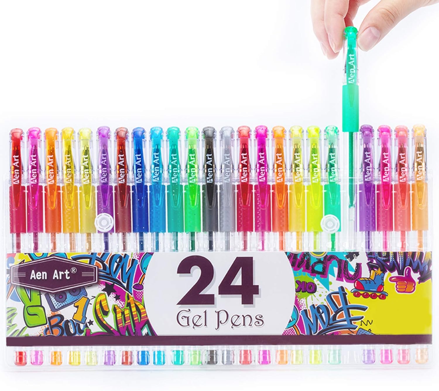 Aen Art Glitter Gel Pens Colored Fine Tip Markers with 40% More Ink for Adult Coloring Books, Drawing and Doodling (24 Colors)