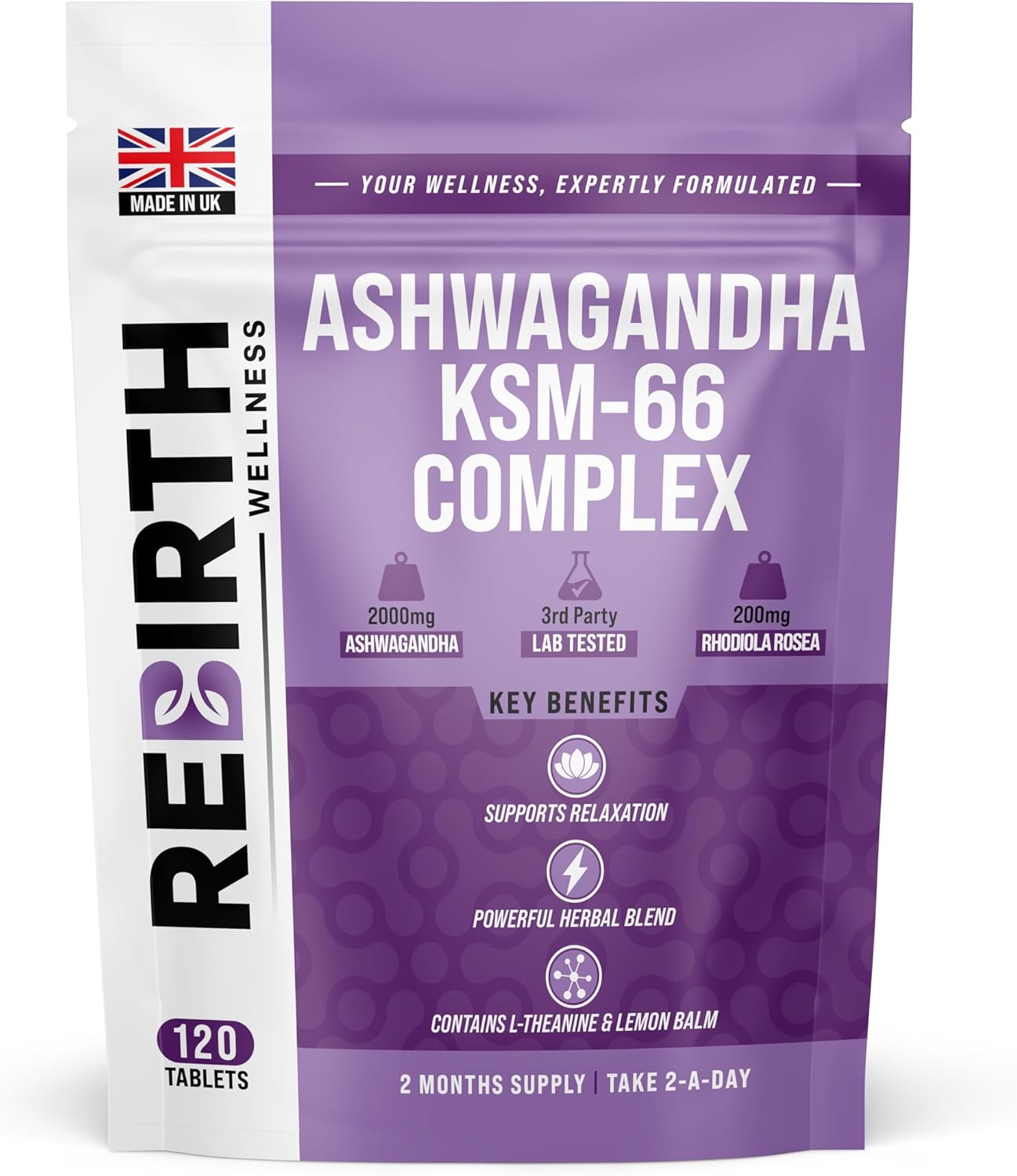 Ashwagandha High Strength KSM 66 Complex - 2000mg Enhanced with Rhodiola Rosea, L Theanine & Lemon Balm for Sleep Aid & Calm - 120 Ashwagandha KSM 66 Tablets - Vegan Supplement, Made in UK