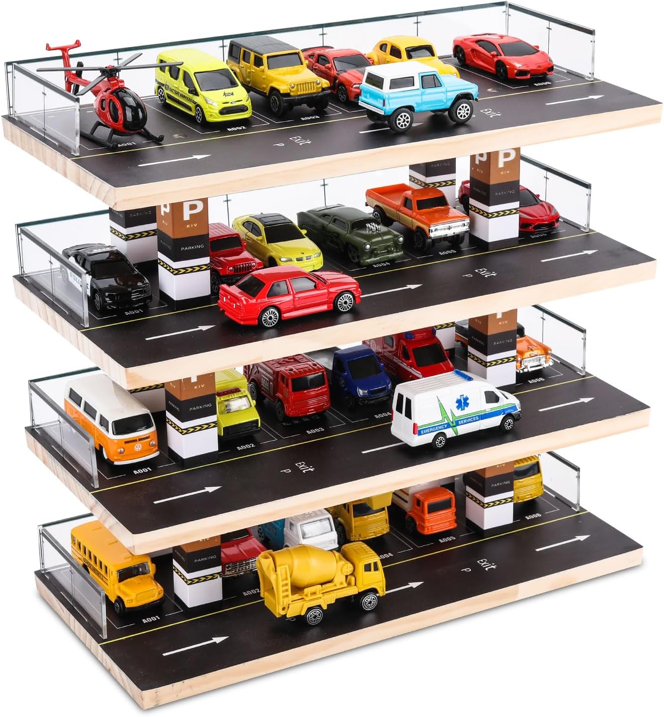 Hot Wheels & Matchbox Display Case, 1/64 Scale Diecast Toy Car Storage, Parking Garage Diorama - Freestanding Storage with 4 Levels 24 Spots Maximum 40 Cars
