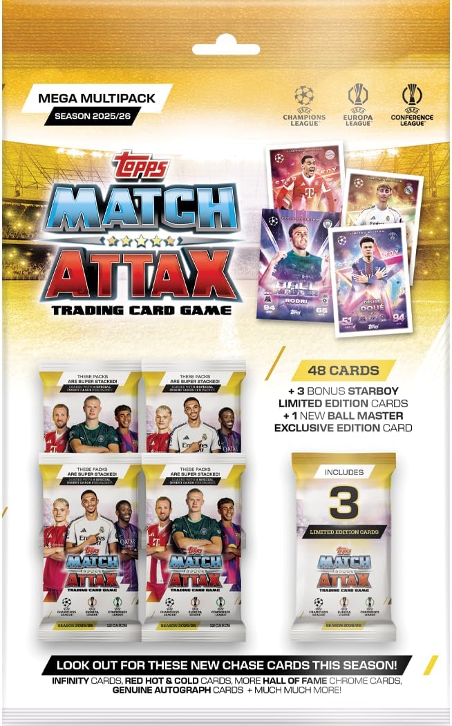 Topps UCC Match Attax 2025/26 - Mega Multipack - contains 48 Match Attax cards plus 3 random Star Boy LE's and a random Ball Master LE card.
