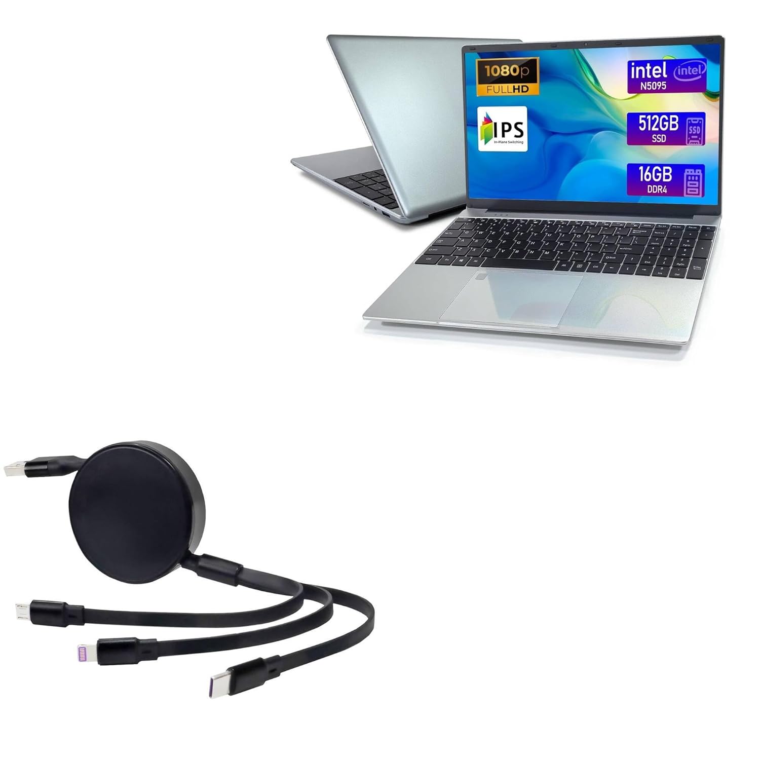 BoxWave Cable Compatible with IJKKJI MTL1561 Windows 11 Laptop (15.6 in) - AllCharge PD miniSync (100W), Retractable High-Speed Charging Portable USB Cable - Jet Black