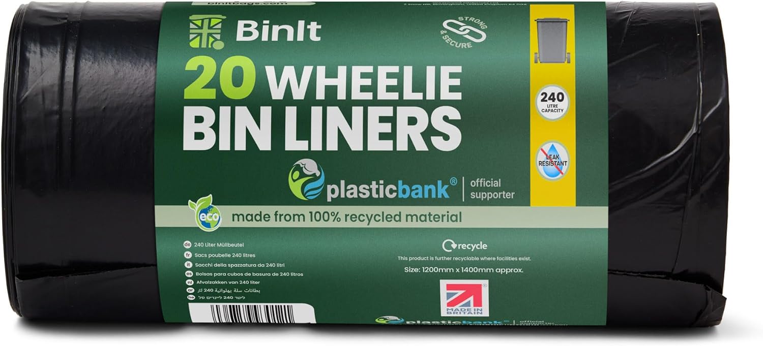 BinIt 20 Wheelie Bin Liners 240 Litre, Eco-Friendly, Bin Bags, Refuse Sacks, Recycled, Strong & Secure, Tear Resistant, 30 μm, Perfect for Standard 240L Wheelie Bins