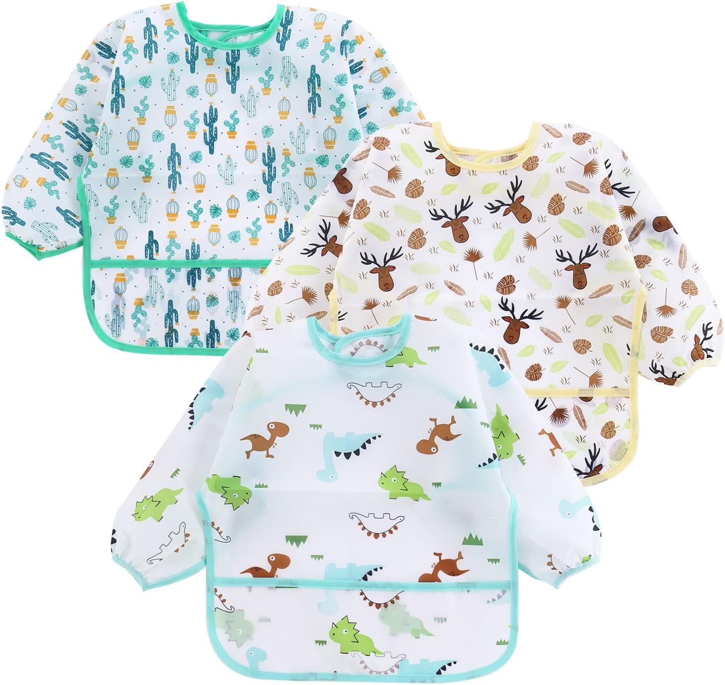 PandaEar 3 Pack Baby Weaning Bibs with Long Sleeves | Waterproof Toddler Bibs 6-24 Months