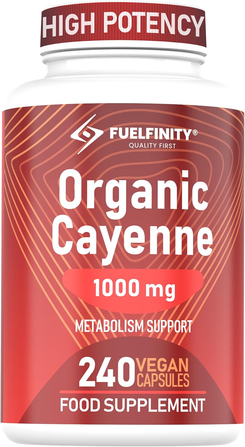 High Strength: Organic Cayenne Pepper Capsules - 1000mg Capsicum - 240 Capsules - Fat Management aid Loss - Cayenne Pepper Supplement - Vegan - FuelFinity® Superlative Quality (1 Pack)
