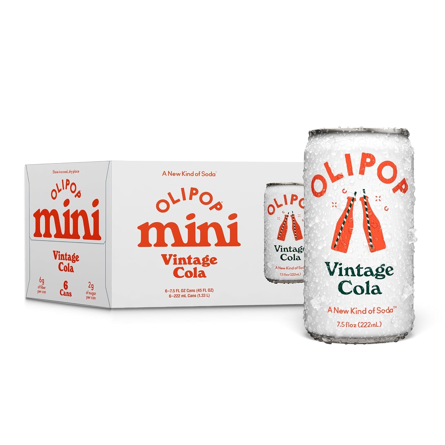 OLIPOP Minis Prebiotic Soda Pop, Vintage Cola, Pantry Pack Packed with Prebiotics, Fiber, and Botanicals, Gluten Free, GMO Free, 7.5oz (6-Cans)