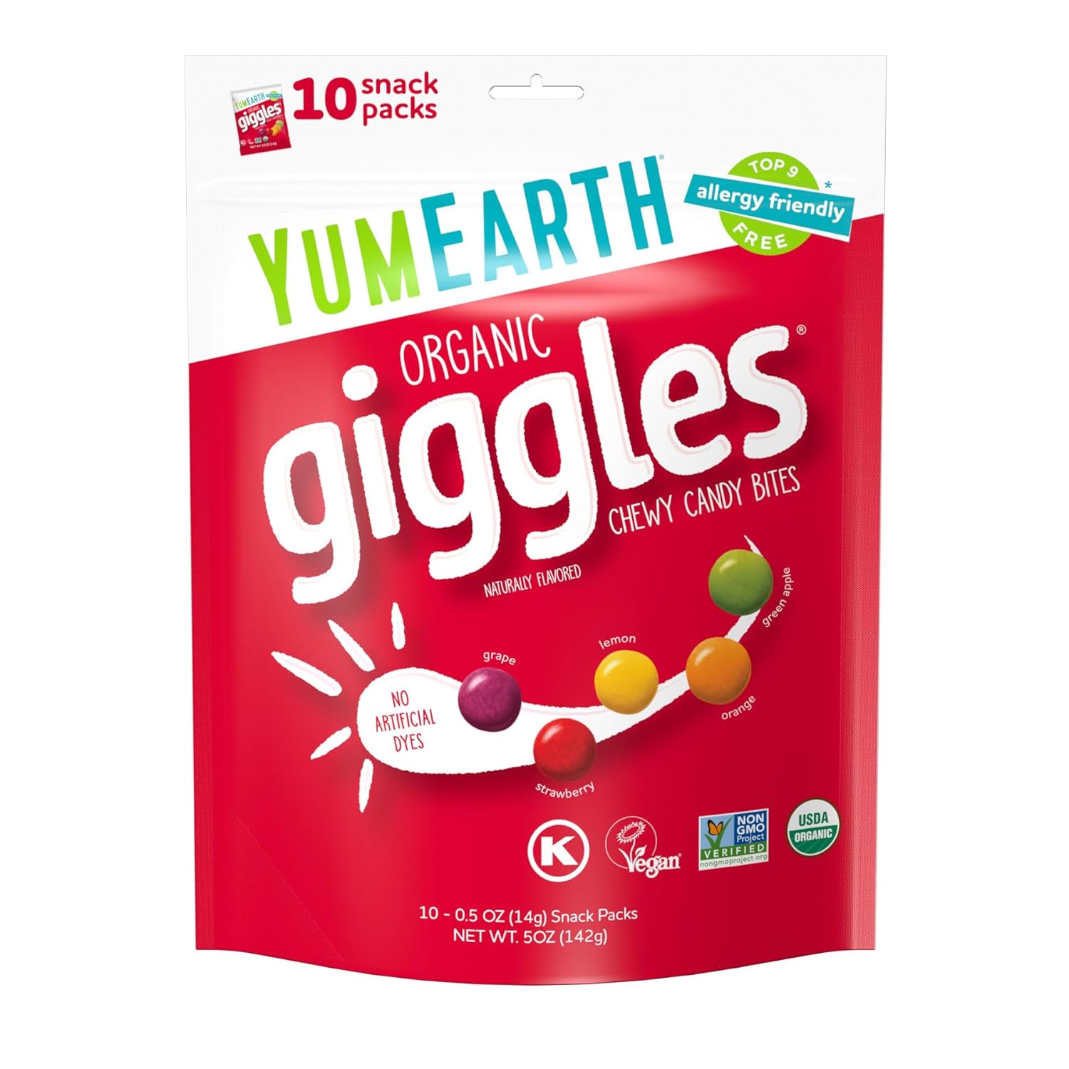 YumEarth Organic Giggles Chewy Candy - Allergy Friendly (Top 9 Free), No Artificial Dyes or Flavors, Non GMO, Gluten Free, Vegan - Individually Wrapped Fruity Snack Packs - 0.5 Ounce (Pack of 10)