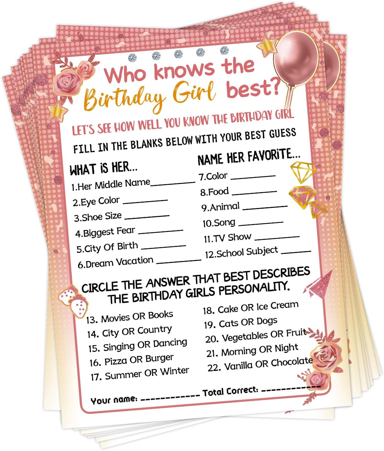 HOMANGA Who Knows The Birthday Girl Best, Birthday Would She Rather, Birthday Game Cards for Girls Hers Women's Sleepover Party - 15x20cm Set of 30 (Pink & Rose, Double-sided)