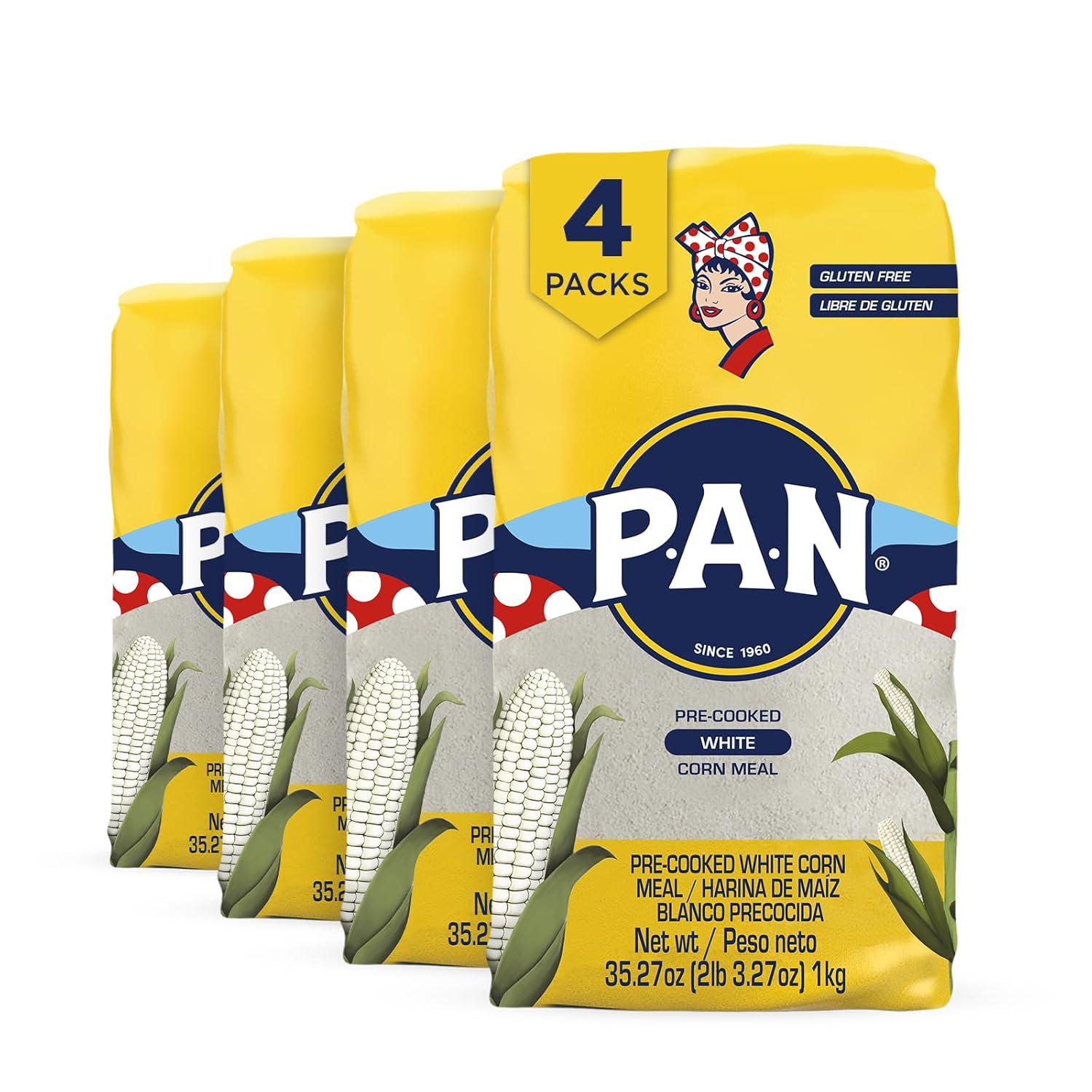 P.A.N. White Corn Meal – Pre-cooked Gluten Free and Kosher Flour for Arepas (2.2 lb/Pack of 4)