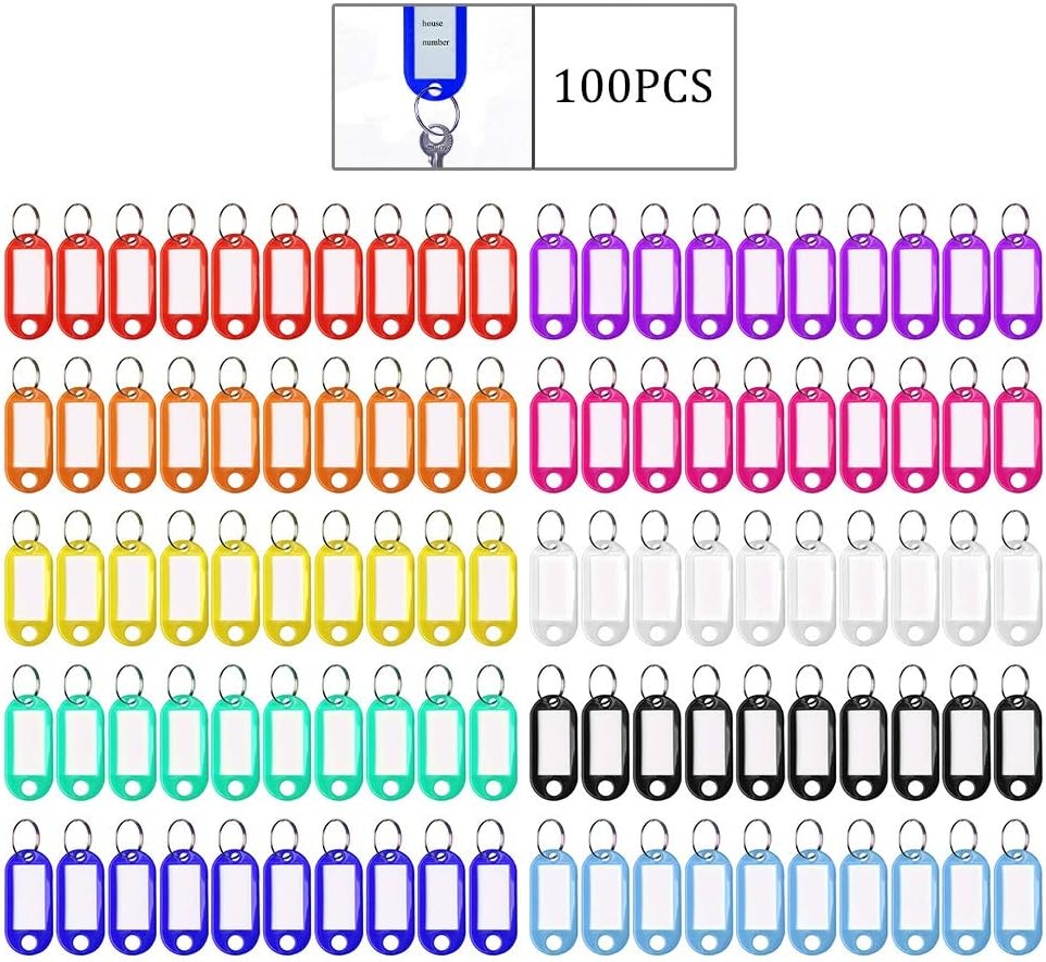 Pengxiaomei 100pcs Key Tags - 10 Colors, Plastic Luggage ID Tags with Ring - Key Rings