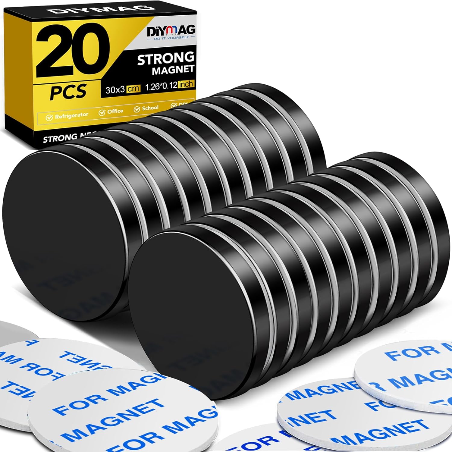 DIYMAG Black Powerful Neodymium Disc Magnets with Double-Sided Adhesive, Strong Rare Earth Magnets for Fridge, DIY, Building, Scientific, Craft, and Office, 1.26 inch Diameter, Pack of 20
