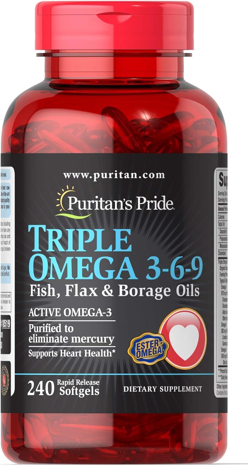 Puritan's Pride Premium Triple Active Omega 3-6-9 Fish, Flax, and Borage Oils, Dietary Supplement for Heart, Joint, and Cellular Health Support, 240 Rapid Release Softgels