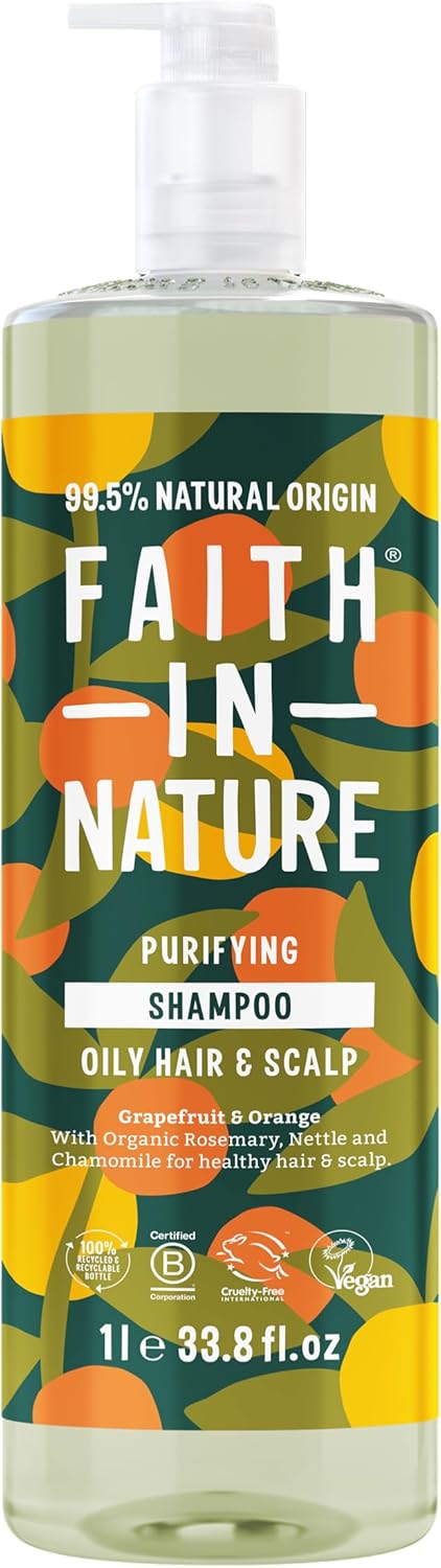 Faith In Nature 1L Natural Grapefruit & Orange Shampoo, Purifying For Oily Hair & Scalp, Vegan & Cruelty Free, No SLS, Silicones or Parabens, Family Sized