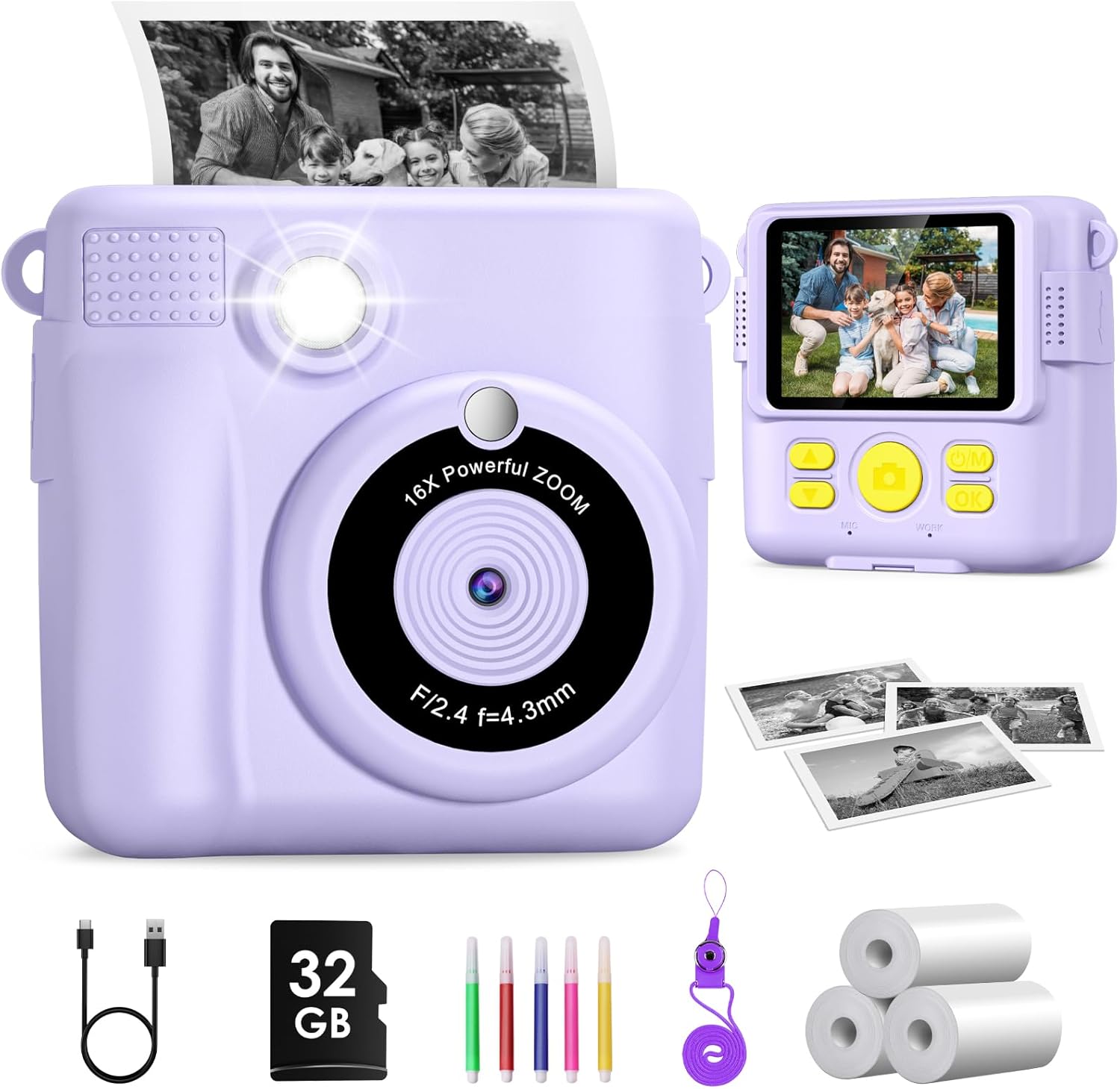 Kids Instant Print Camera, 2.4'' HD Kids Digital Camera with 32GB Card & 3 Rolls Print Paper, Birthday Toys Gifts for Boys & Girls Age 3-12